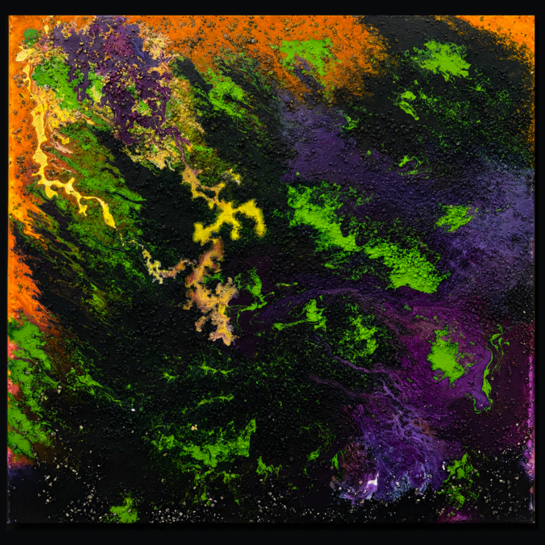 textured abstract canvas art in green, gold and deep purple for modern living room
