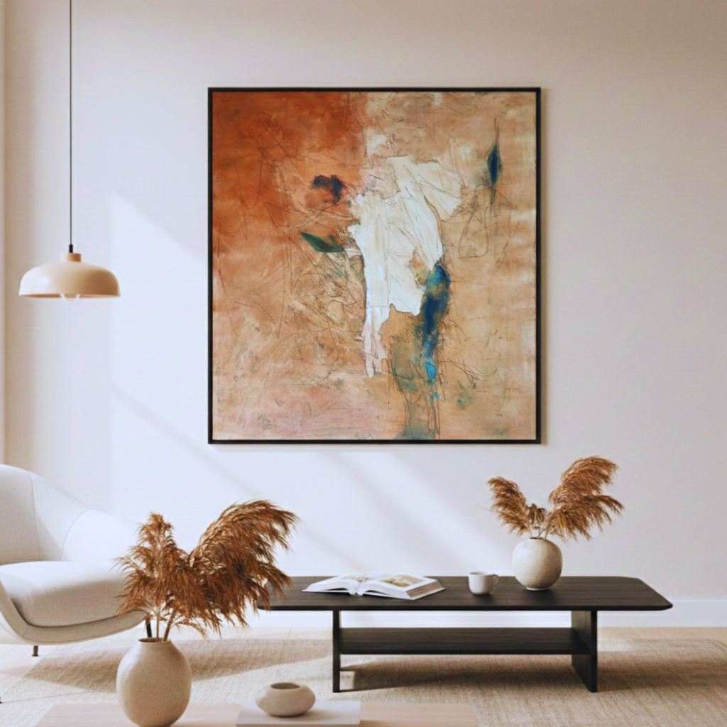 Textured abstract wall art displayed in a modern UAE living room, perfect for luxury villas and contemporary interior decor.