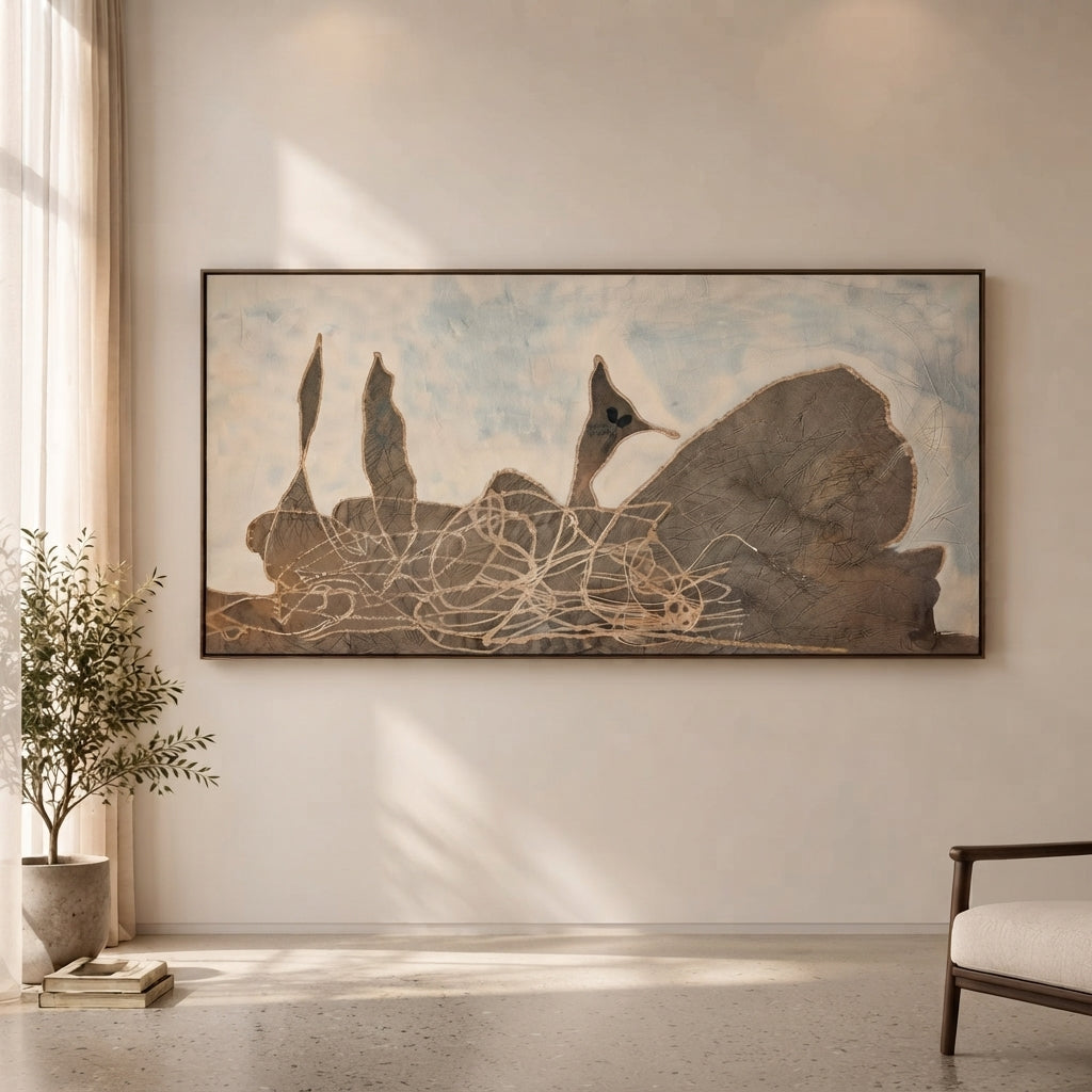 Textured original canvas art styled above a console in a modern Dubai living room