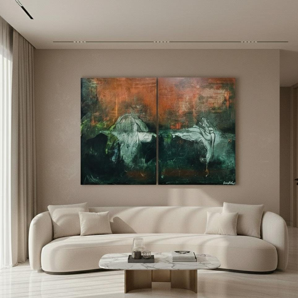 Untold conceptual abstract painting for luxury modern UAE villa living room décor, handmade canvas art
