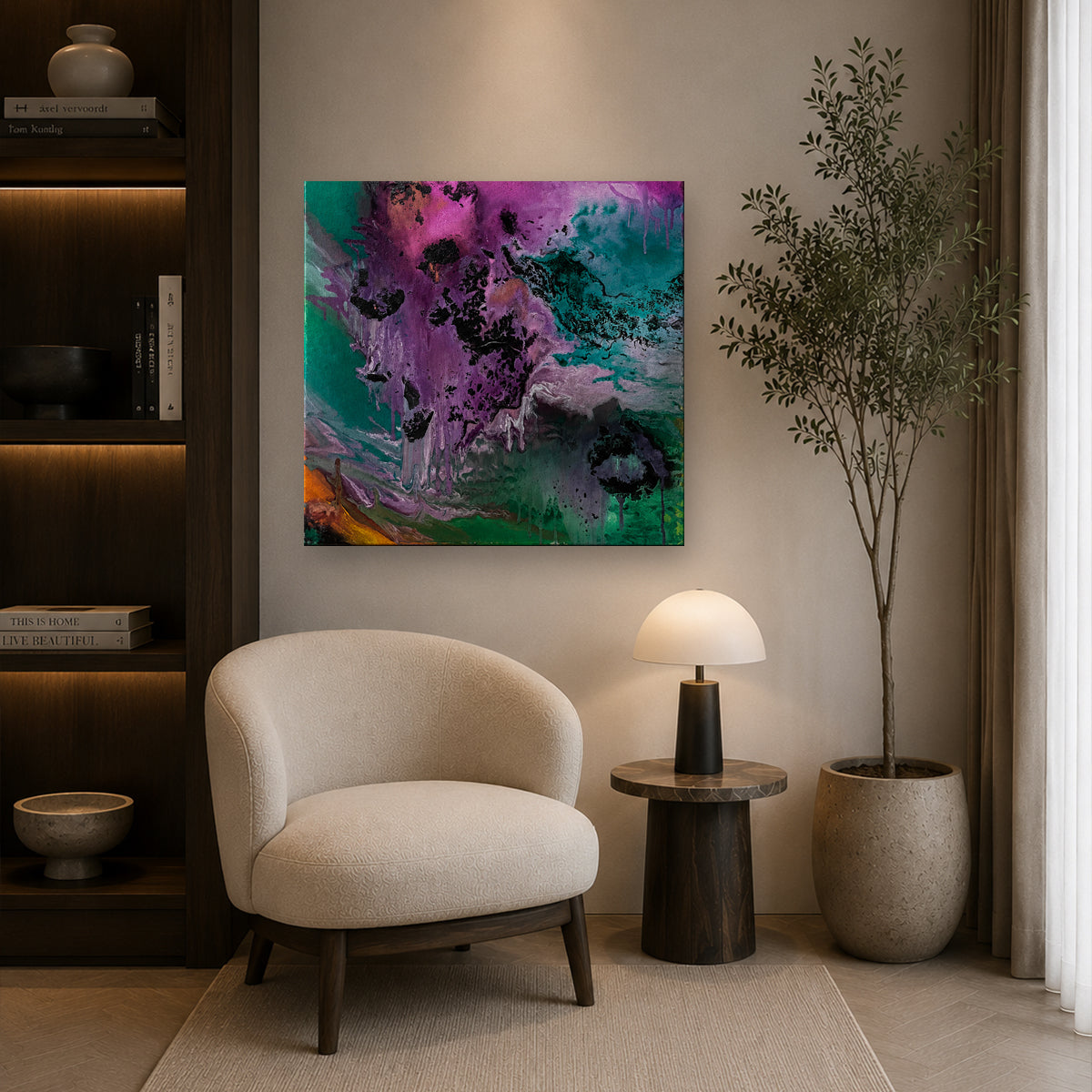 Handmade violet amethyst and emerald floral abstract painting textured mixed media canvas 80x80 cm original wall art Artecasso Dubai