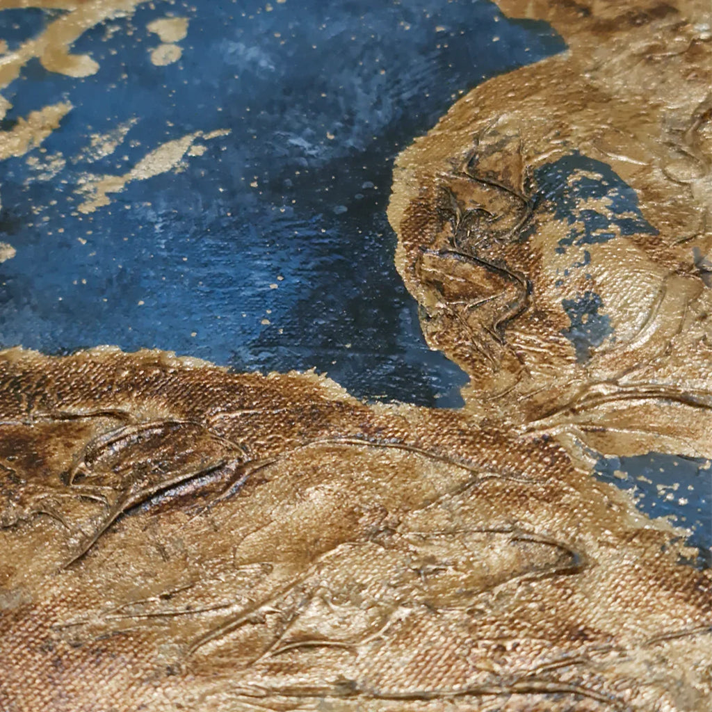 Close-up of gold foil and hand-painted brushwork on an original abstract oil painting, not a print