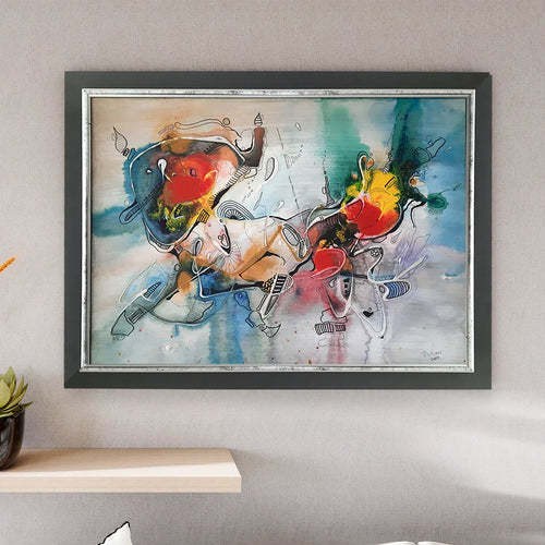 Chariot of White Night original abstract acrylic painting by Bore Minov, 70x50 cm, double frame
