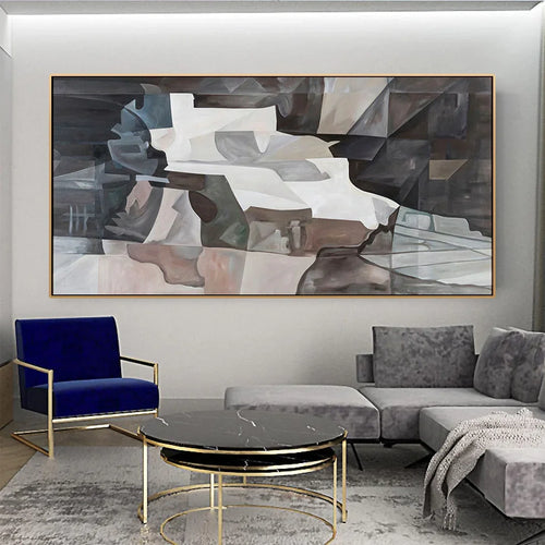 Creation large abstract painting in layered greys and warm browns