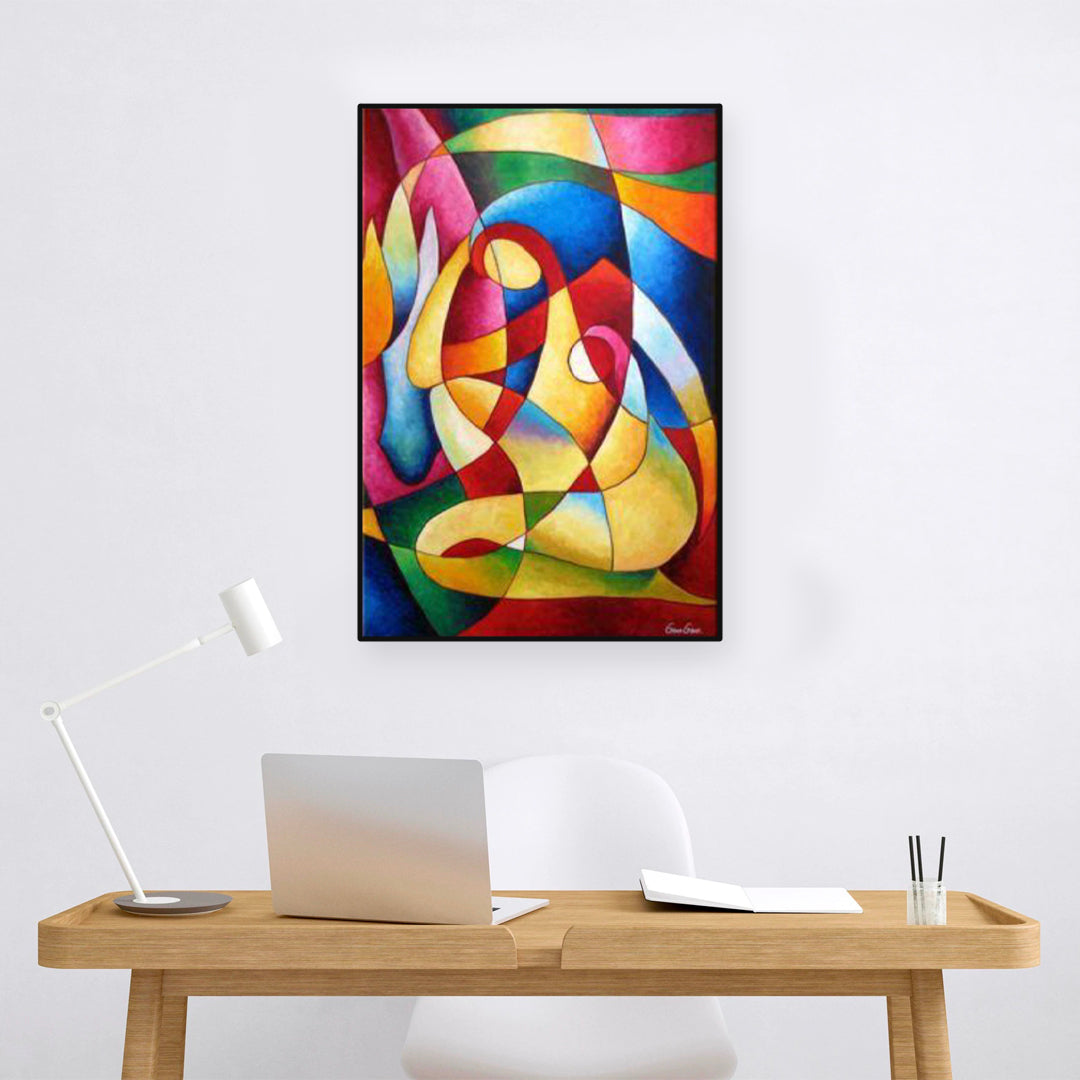 Close-up of hand-painted 3D texture and brushwork on abstract oil painting in multi color