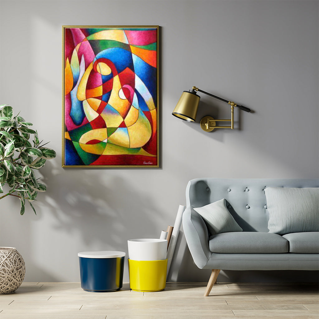 Handmade 3D abstract painting in multi color hanging above a sofa in a Dubai villa living room
