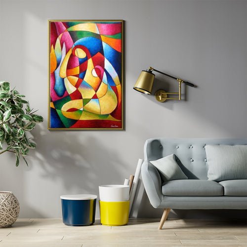 Handmade 3D abstract painting in multi color hanging above a sofa in a Dubai villa living room