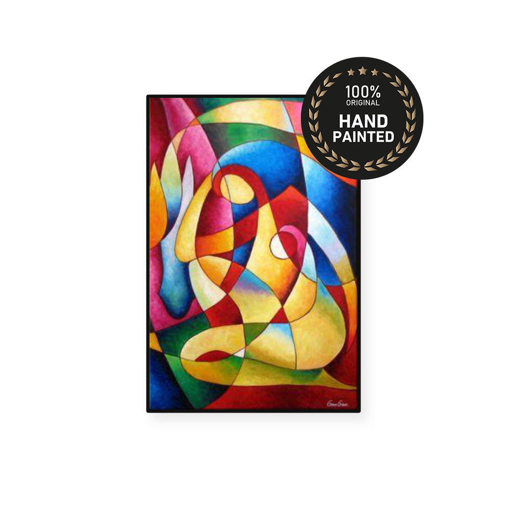 Corner detail of a framed handmade abstract oil painting on canvas