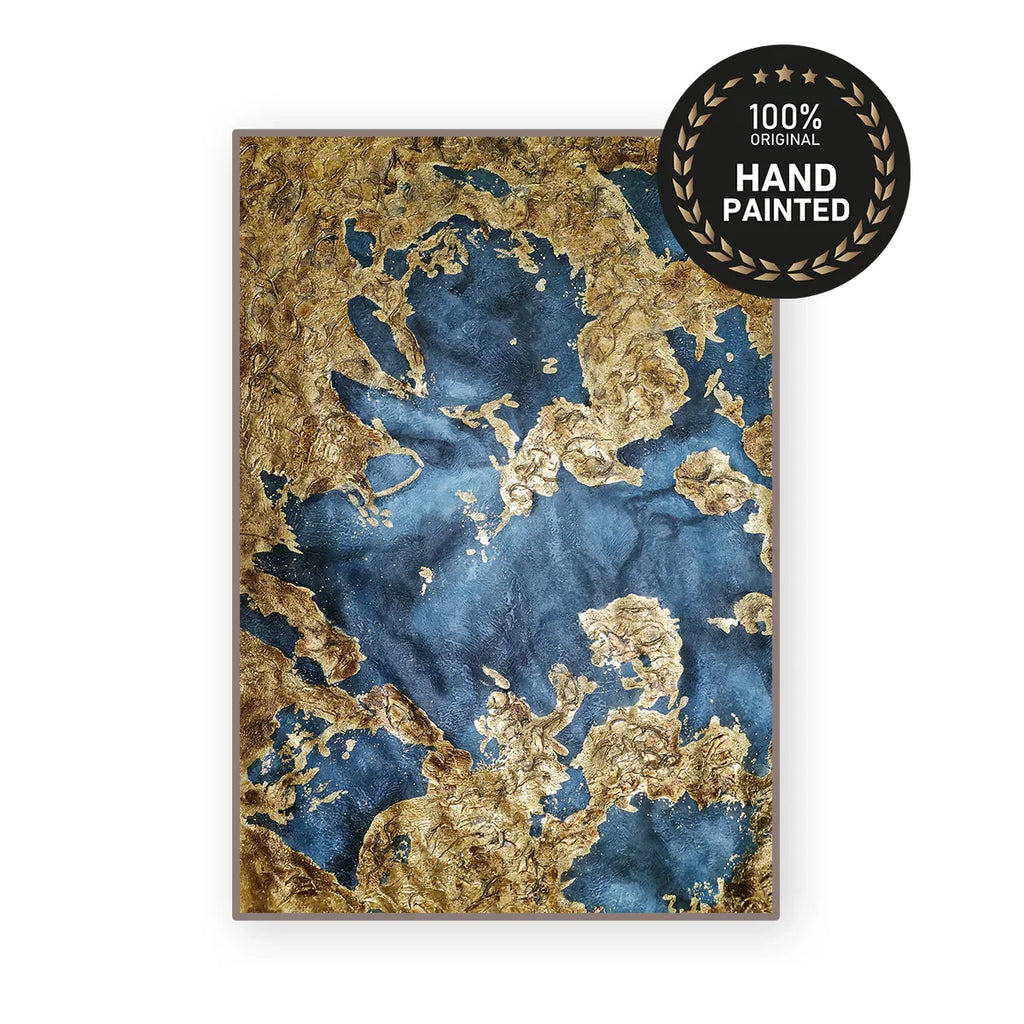 Original gold foil abstract painting, 75x100 cm, on a villa hallway wall in Dubai