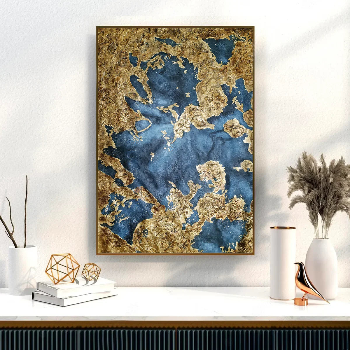 Original handmade abstract expressionist painting with gold foil, oil on canvas, 75x100 cm