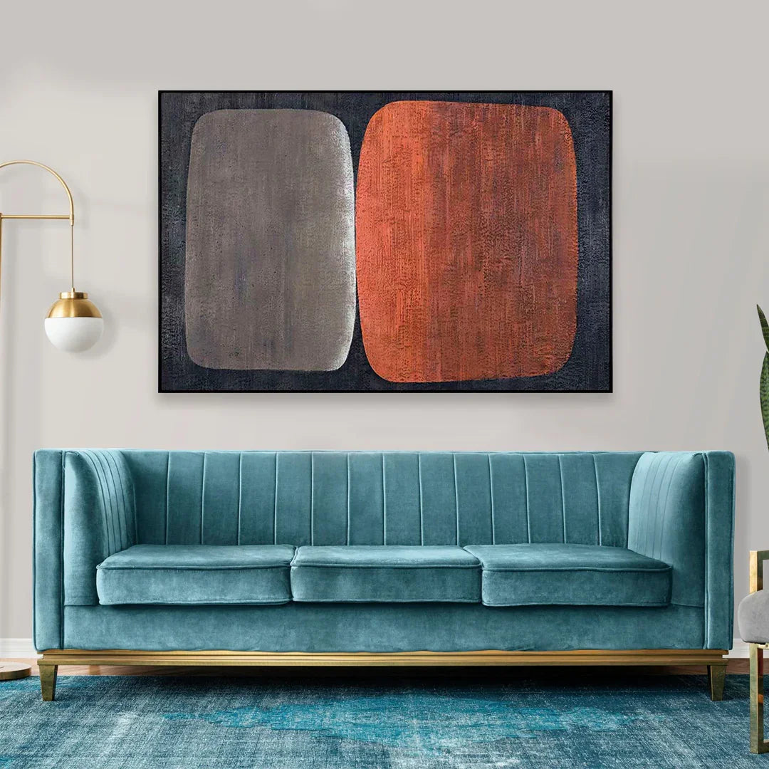 Black and grey geometric painting styled in a contemporary interior