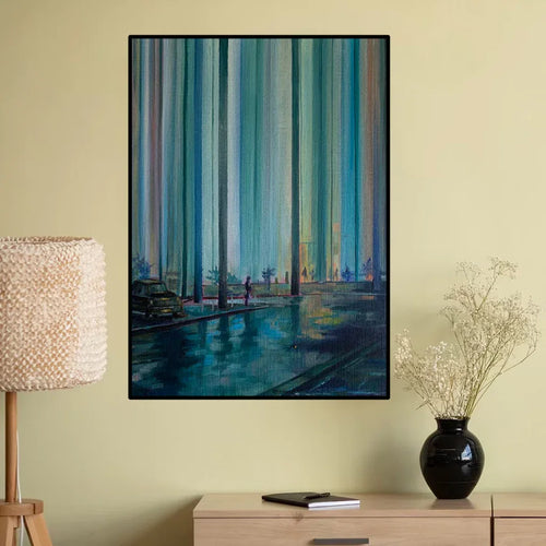 Handmade blue abstract painting displayed on a dining area wall in a Dubai home