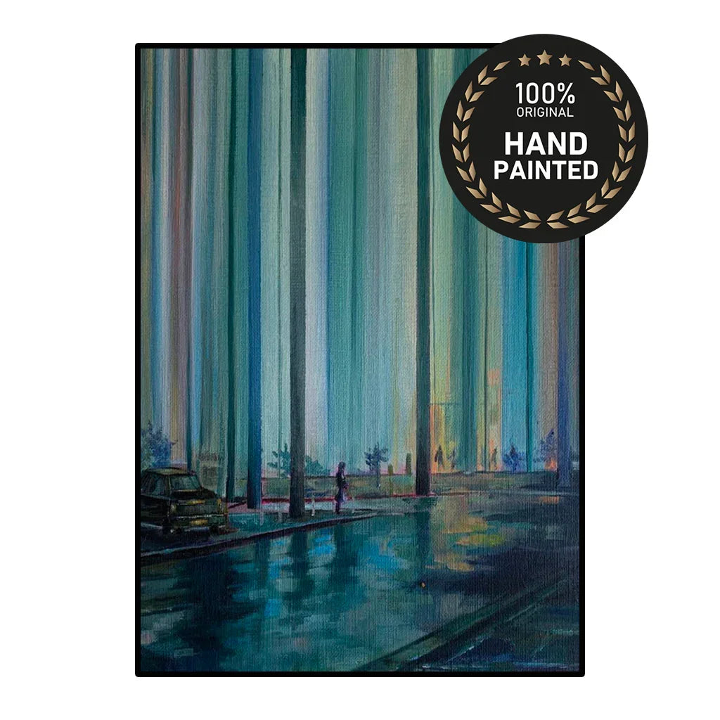 Corner detail of a framed handmade abstract oil painting