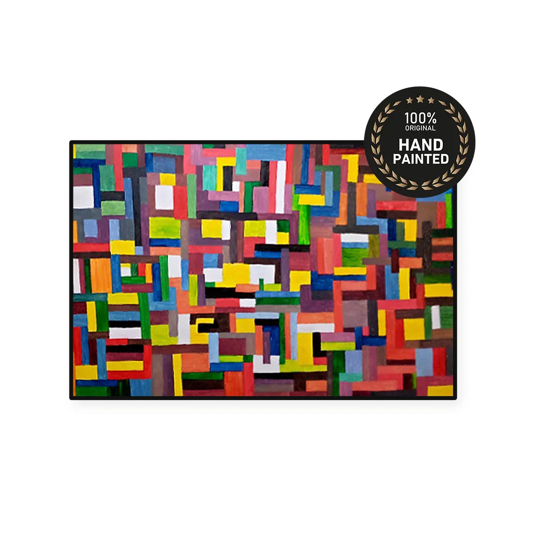 Handmade acrylic mixed media abstract painting on a family lounge wall